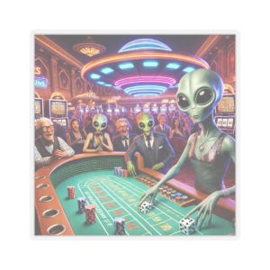 以下が含まれることがあります： カジノでクラップスというゲームをしているエイリアンのグループ。エイリアンはスーツとドレスを着ています。カジノはネオンサインで明るく照らされています。背景には空飛ぶ円盤があります。