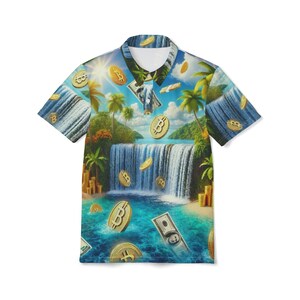 May include: Short-sleeved polo shirt with a vibrant tropical scene featuring a waterfall, palm trees, and gold Bitcoin coins. The shirt's design includes a blue ocean and a sunny sky, creating a colorful and eye-catching pattern.
