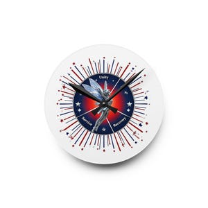 May include: A round white wall clock featuring a silver fairy in the center, surrounded by a red and blue burst design. The clock face includes the words "Unity", "Service", and "Recovery". Black clock hands indicate the time.