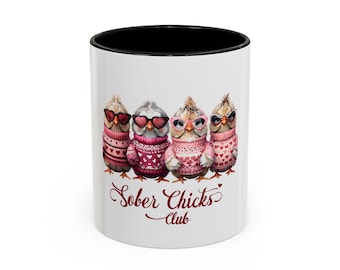 Taza de café del Club de Chicas Sobrias, divertida taza con pájaro, regalo para amigas, taza inspiradora, taza de café con detalles en negro