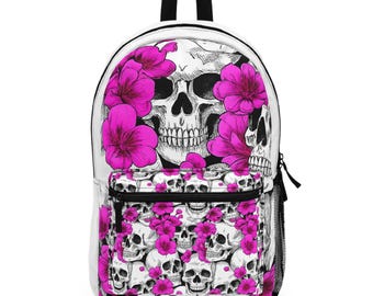 Sac à dos floral tête de mort fleurs roses, sac à dos tendance pour l'école, sac de style gothique, cadeau unique pour Halloween, accessoire de voyage