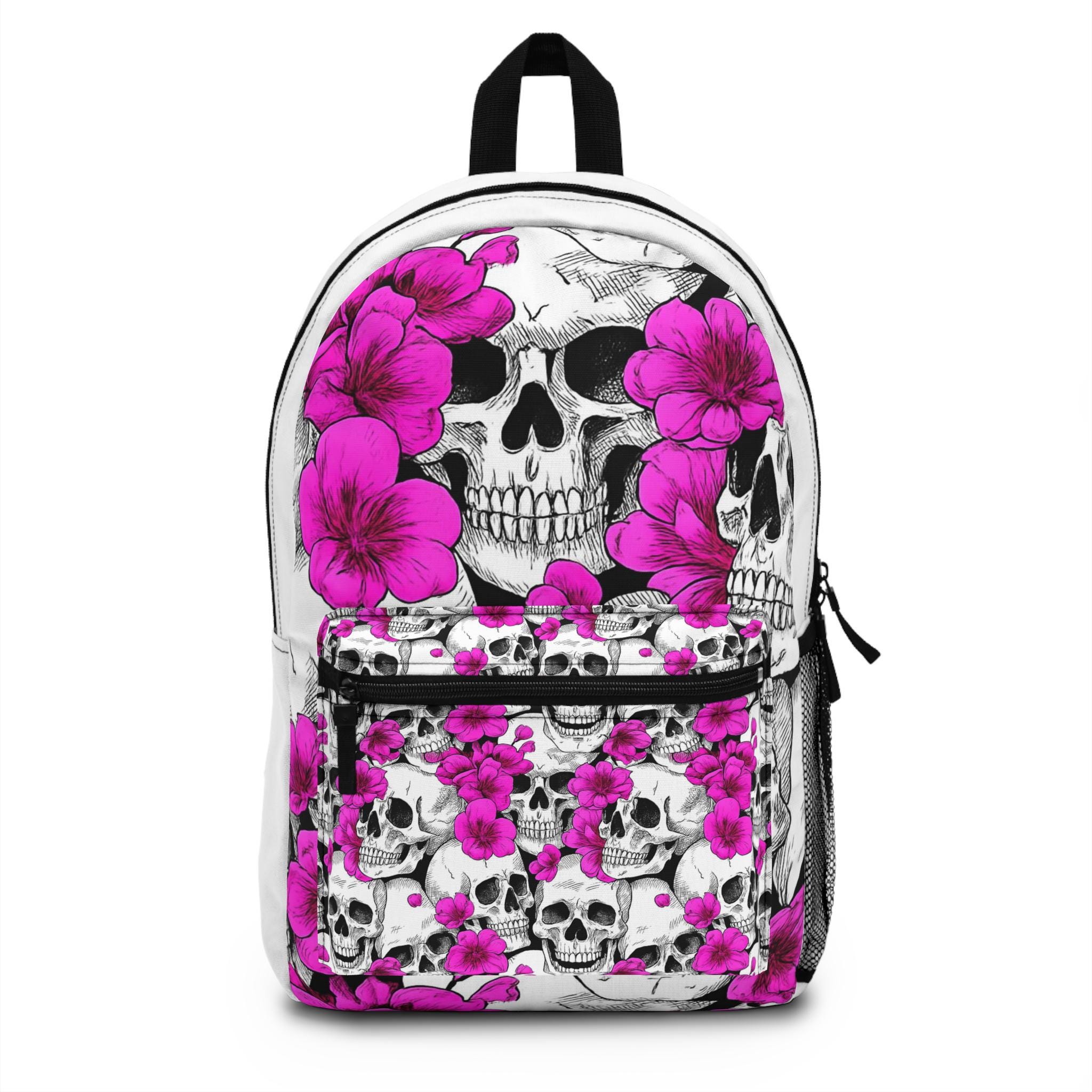 Floral Skull Pink Flowers Backpack, Trendy Day Pack for School