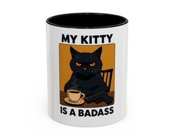 Badass Kitty-kaffemugg | Rolig kattmugg, presenter till kattälskare, unik kaffekopp, heminredning, husdjursälskare