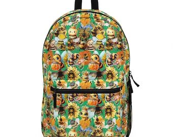 Colorful Garden Bee Bees Backpack,  Floral Pattern Rucksack, Trendy Travel Backpack, Fun Nature Backpack