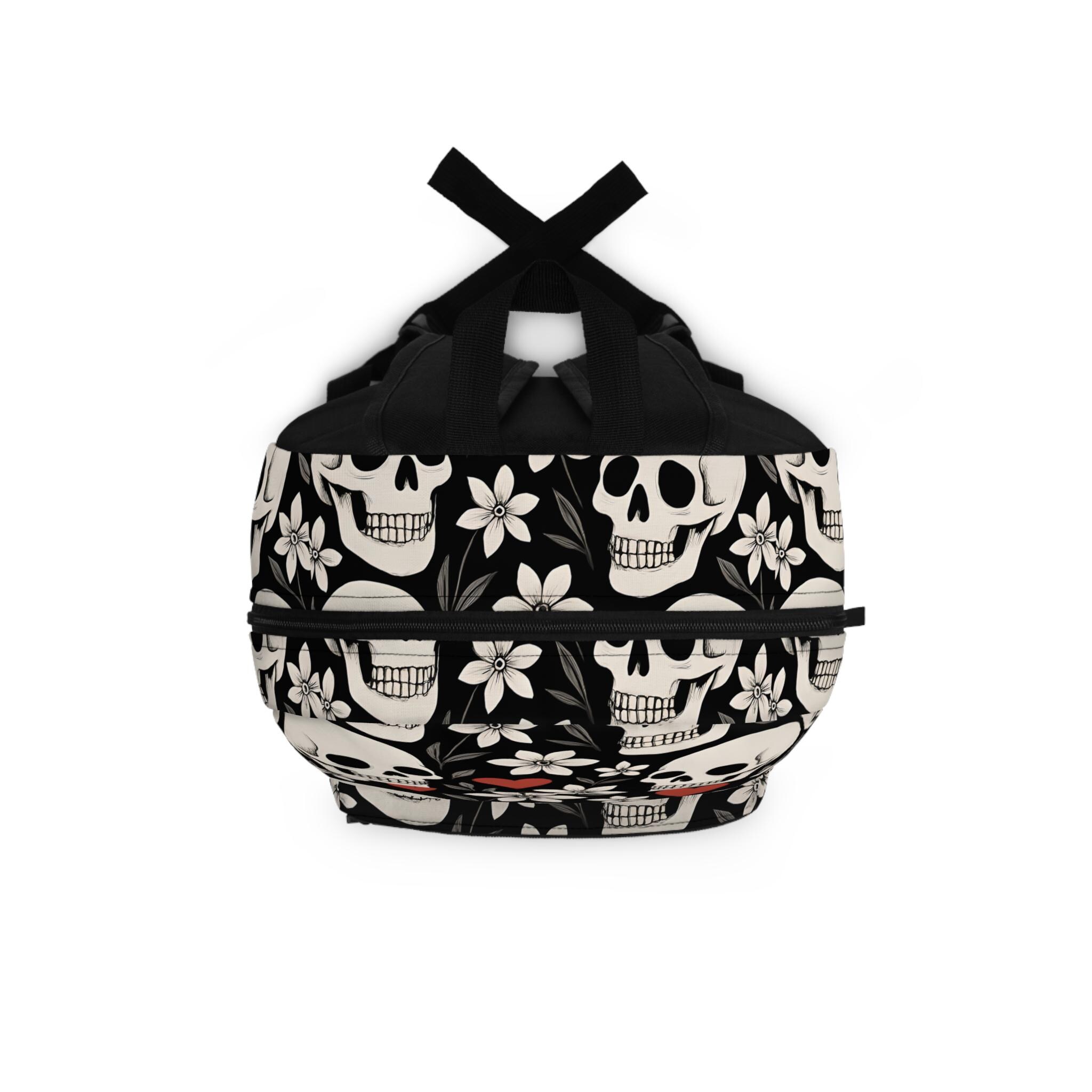Edgy Skull Floral Backpack Trendy School Bag, Gothic Style 