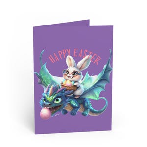 Tarjetas de felicitación de Pascua extravagantes con conejito y dragón, deseos de Pascua, tarjetas de celebración de primavera, regalo lindo, diseño divertido