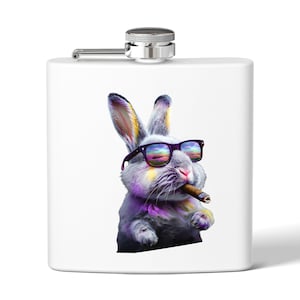 Funny Rabbit Flask, Hipster Bunny Flask, Stainless Steel 6oz Flask for Gifting, Stylish Flask for Adults, Unique Party Favor, Holiday Gift