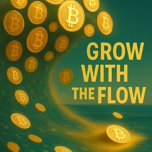 Puede incluir: Ilustración artística con monedas de Bitcoin doradas flotando en un patrón de olas sobre un fondo turquesa. El texto "GROW WITH THE FLOW" se muestra en letras amarillas en negrita.