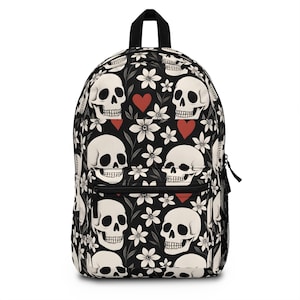 Edgy Skull Floral Backpack Trendy School Bag, Gothic Style Rucksack, Unique Gift for Halloween