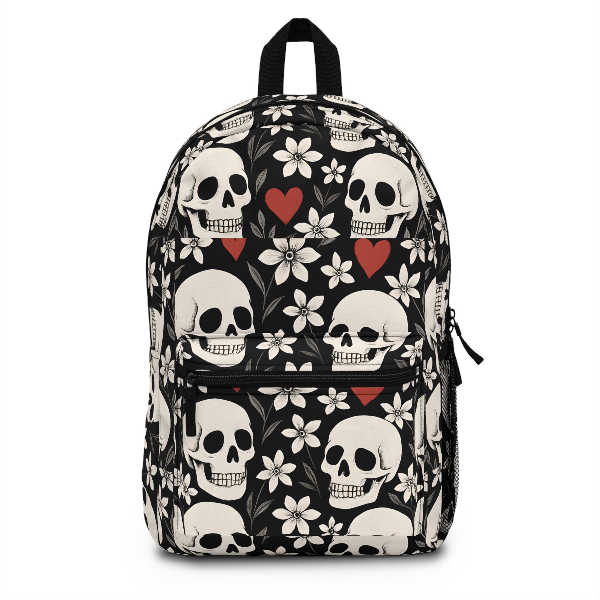 Edgy Skull Floral Backpack Trendy School Bag, Gothic Style