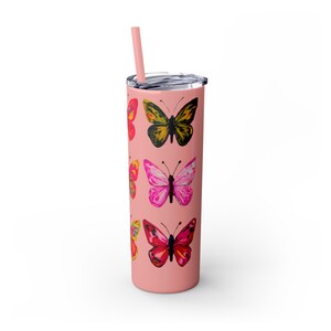 Colorful Butterfly Skinny Tumbler with Straw - 20oz, Cute Drinkware for Gifts, Summer Parties, Home Decor, Eco-Friendly Water Bottle, [...]