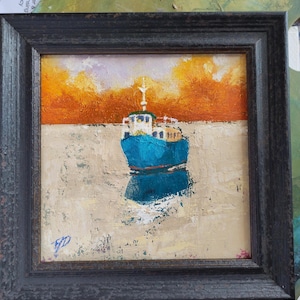 Hey Ho, Little Boat - framed, small, original oil painting of a boat
