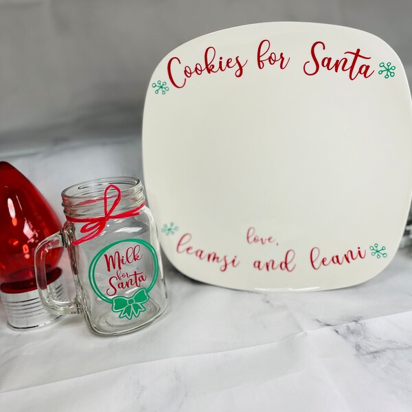 Personalized Milk and Cookies for Santa, Christmas Decor, Plate and Mason Jar Mug, Cookies for Santa, Milk for Santa, Christmas Decor