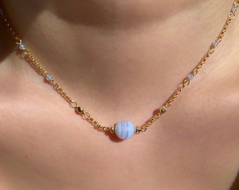 Handmade Flat Hemp Choker Necklace with Blue Lace Agate Stone Beads 