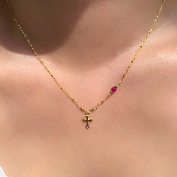 Ruby and tiny cross dainty necklace (14K gold filled / Genuine ruby)