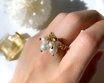 White pearl fruits dangle adjustable ring (14K gold filled / Genuine pearl)