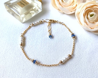 Orion white pearl and sapphire bracelet (14K gold filled / Genuine sapphire  / White pearl)