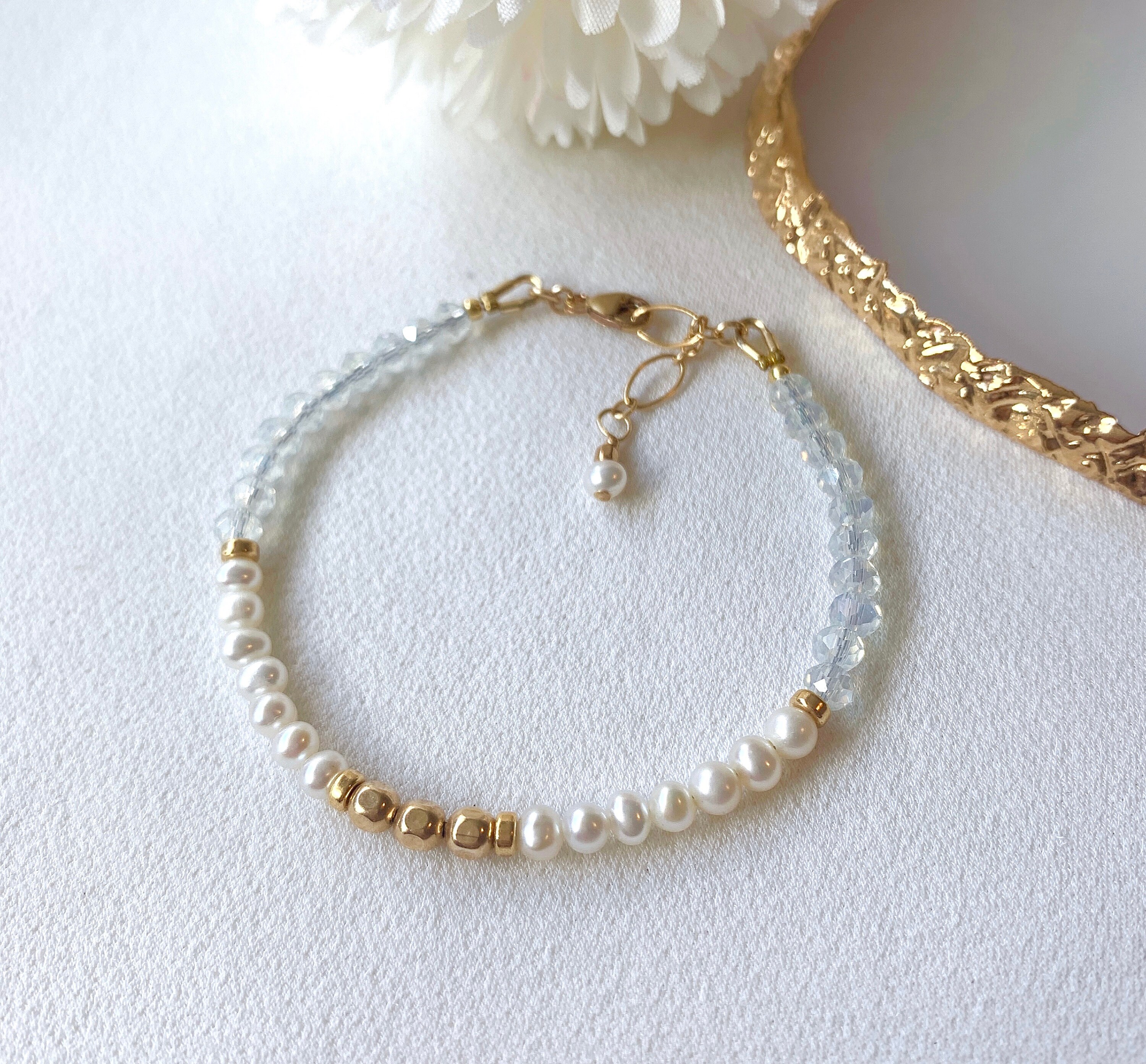 White Pearl Beady-easy Bracelet14k Gold Filled | Etsy