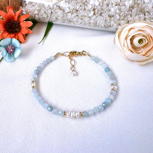 Aquamarine and pearl MITSUGO beaded bracelet (14K gold filled / Aquamarine / Freshwater pearl)