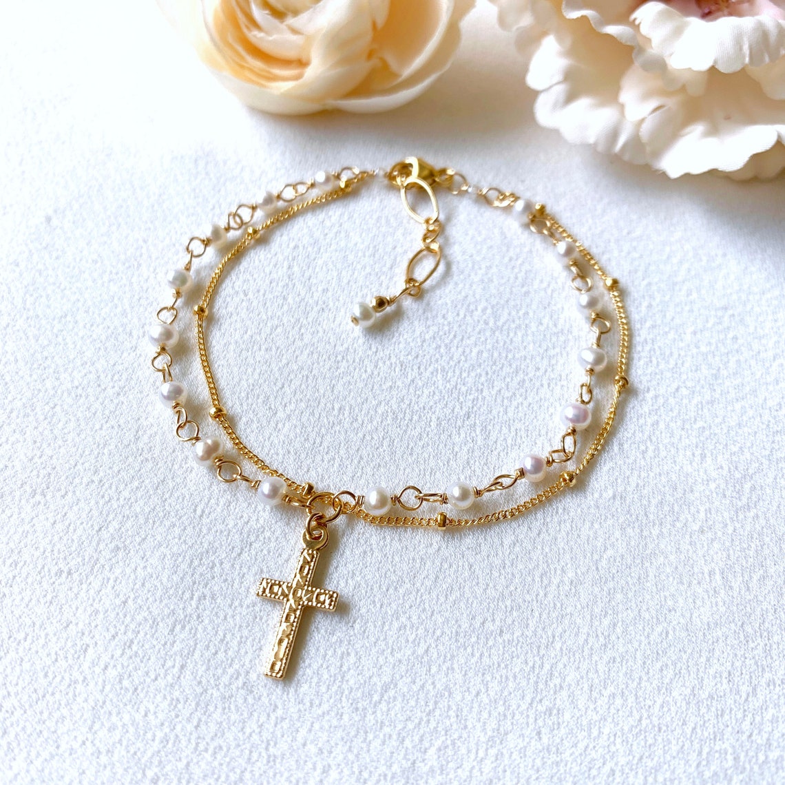 White Pearl Rosary Double Strand Bracelet14k Gold | Etsy