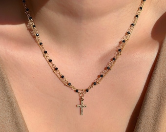 Black spinel rosary double strand necklace (14K gold filled/Black spinel)