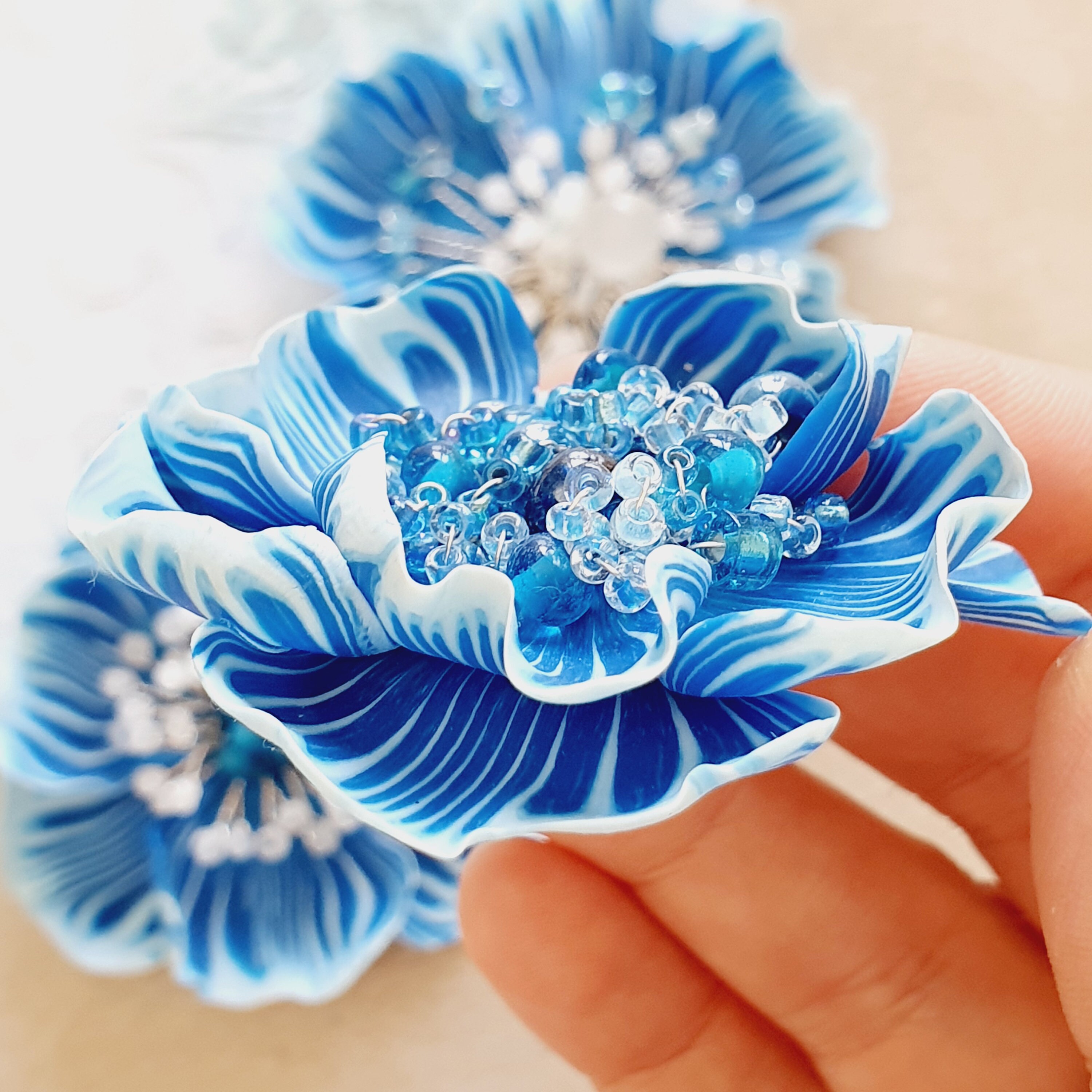 【Waviness】 Ocean Flower Brooch Sea Waves Flower in Blue, Flower Pin, Sеа Flower Brooch
