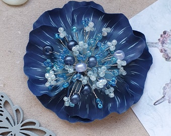 Blue flower brooch,  pin flower splashing waves