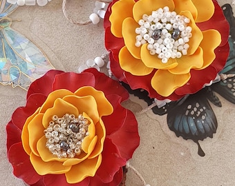 Polymer Clay Fire Flower Brooch, Super Mario Inspired Floral Pin, Red Orange Badge