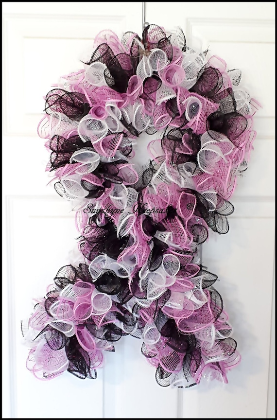 Pink Breast Cancer Awareness Deco Mesh and Ribbon Wreath