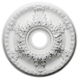May include: White ceiling medallion with a decorative floral design. The medallion has a round shape with a center hole for a light fixture.