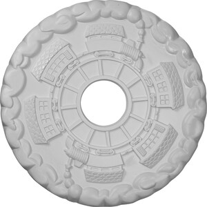 May include: White ceiling medallion with a circular design featuring a wheel with spokes and four houses around the wheel. The outer edge of the medallion has a cloud-like design.