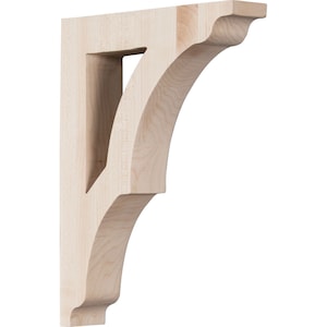 May include: A natural wood shelf bracket with a decorative, curved design. The bracket has a cutout in the shape of a triangle.