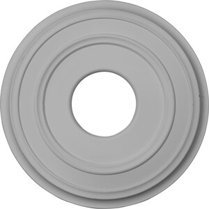 May include: White ceiling medallion with a circular design and three concentric rings. The medallion has a large center hole.
