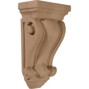 May include: A wooden corbel with a decorative scroll design. The corbel is unfinished and has a natural wood color.