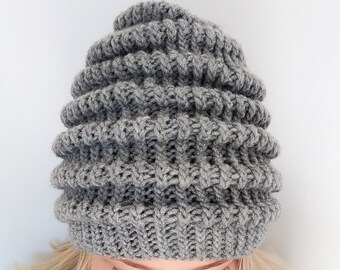Women hat hand knitted in grey, winter beanie hat ribbed