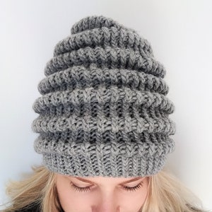 Women hat hand knitted in grey, winter beanie hat ribbed