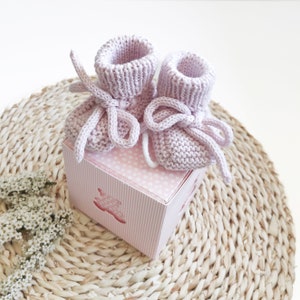 Knit merino wool baby booties in pink box, newborn baby girl gift, baby shower gift