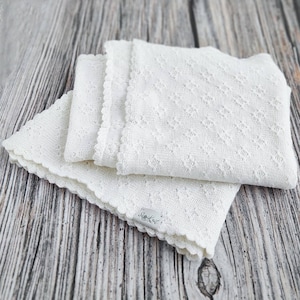White Knit Baby Blanket: 100% Merino Wool, Crochet Edges