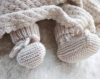 Chaussons pour nouveau-nés en tricot, pure laine mérinos, chaussons beiges