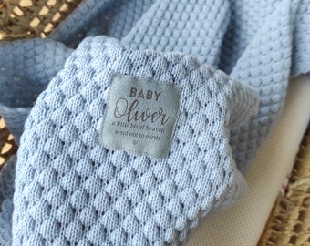 Personalized baby boy blanket knitted of soft merino wool, blue keepsake baby blanket perfect newborn gift