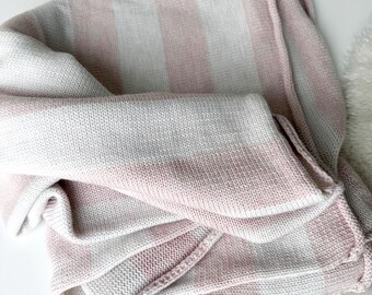 Striped Merino Wool Baby Blanket: Pink & Off-White Knit