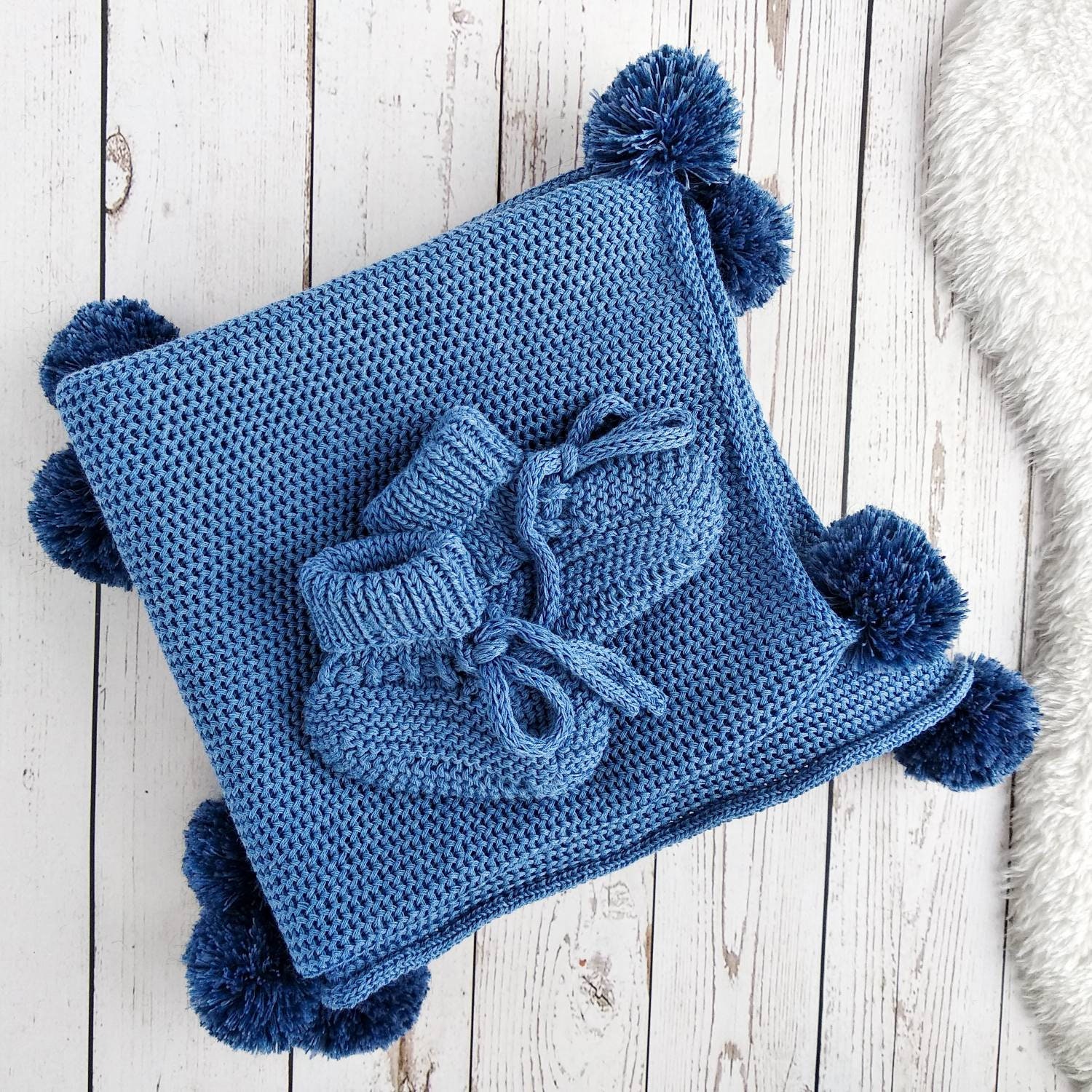 Blue baby blanket and booties set Knitted baby boy blanket Etsy