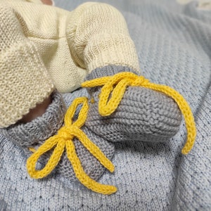 Gray Merino Wool Baby Booties: Knitted Newborn Socks with Yellow Ties