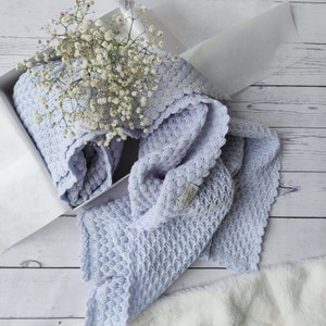 Knit merino wool baby blanket with crochet edges, baby boy blanket light blue