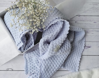 Knit Merino Wool Baby Blanket: Light Blue Crochet Edge