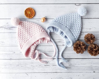 Merino Wool Baby Bonnet: Knitted Pompom Pixie Hat