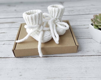 Knitted newborn baby socks, white baby shoes merino wool