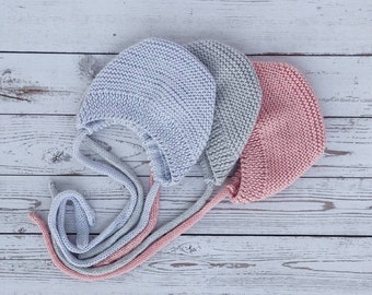 Newborn baby bonnet merino wool, gray hat knitted