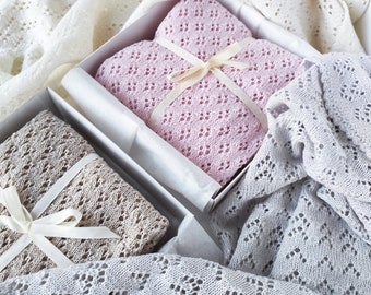 Heirloom baby blanket 100% merino wool knit, pink pointelle lace trim baby blanket, baby girl gift