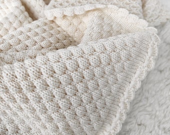 Baby blanket merino wool knit ecru plaid neutral nursery bedding for baby boy or baby girl